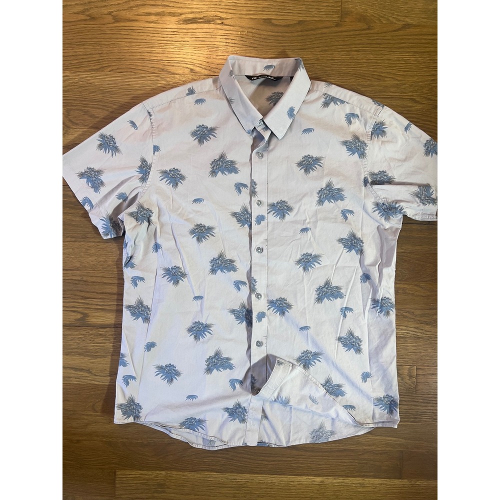 Travis Mathew Mens Large Short Sleeve Button Shirt Floral Pineapple Grey Blue